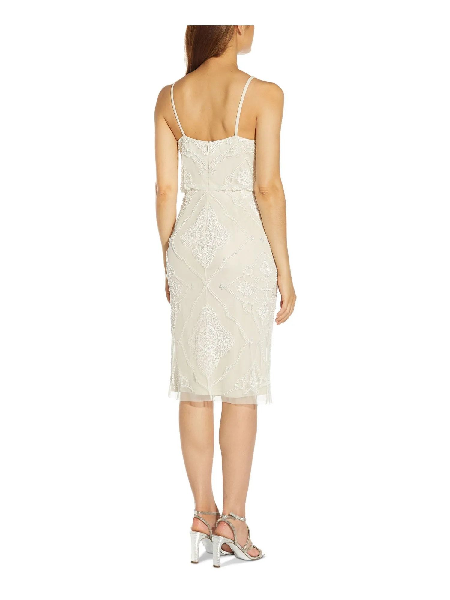 ADRIANNA PAPELL Womens Beige Beaded Zippered Lined Spaghetti Strap V Neck Below The Knee Party Sheath Dress