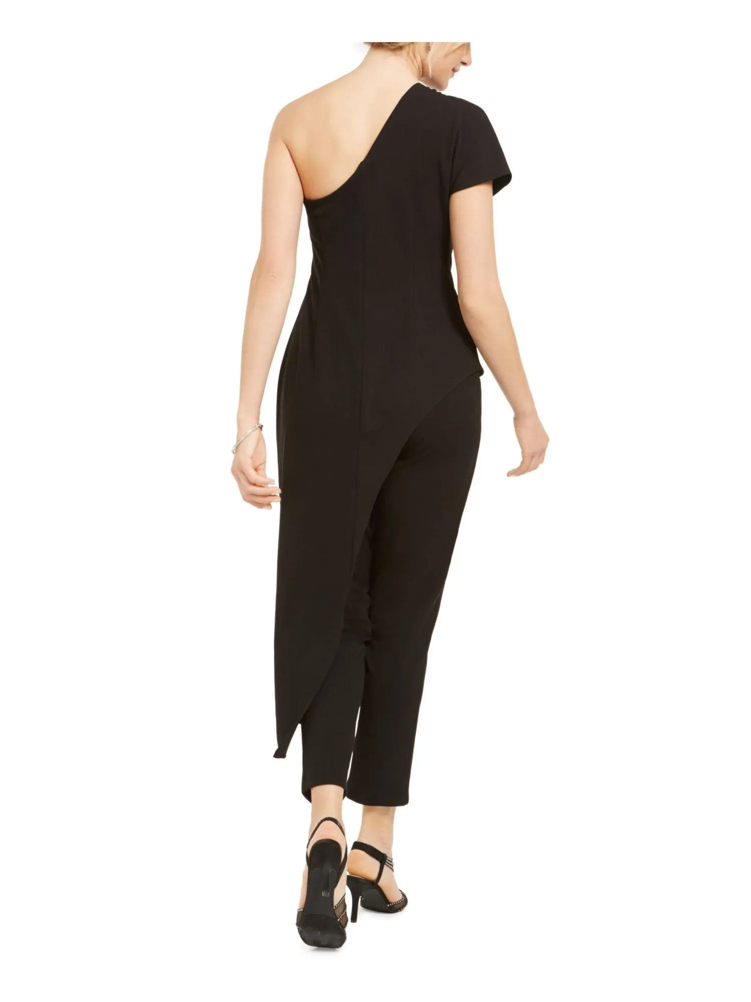 ADRIANNA PAPELL Womens Black Short Sleeve Asymmetrical Neckline Party Straight leg Jumpsuit