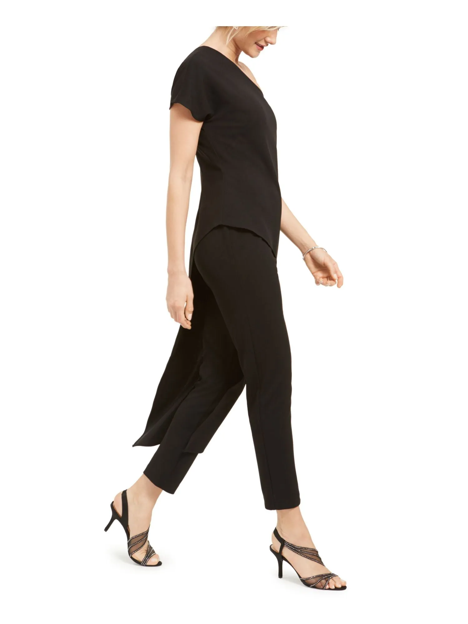 ADRIANNA PAPELL Womens Black Short Sleeve Asymmetrical Neckline Party Straight leg Jumpsuit