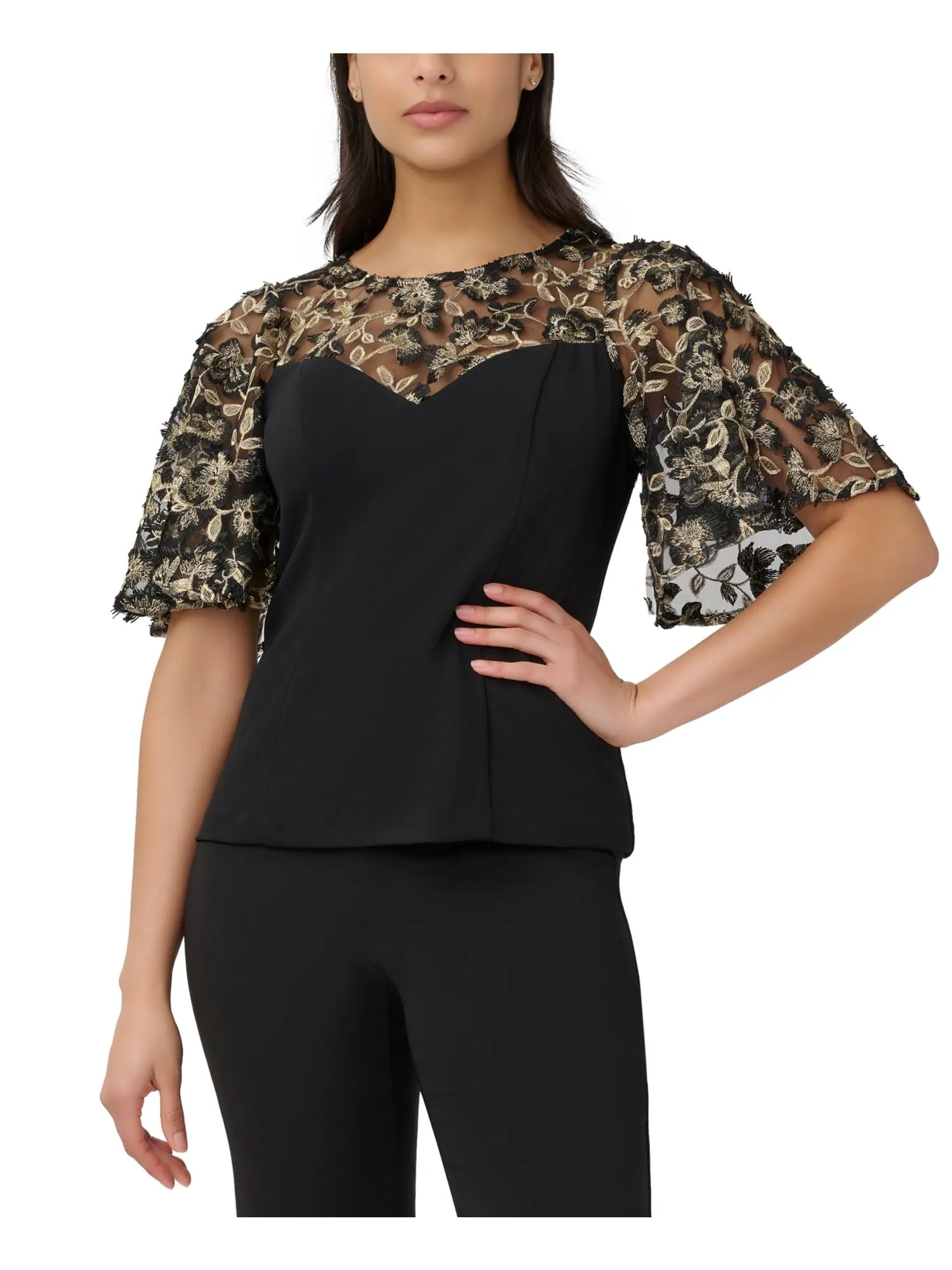 ADRIANNA PAPELL Womens Black Zippered Floral Short Sleeve Illusion Neckline Wear To Work Top