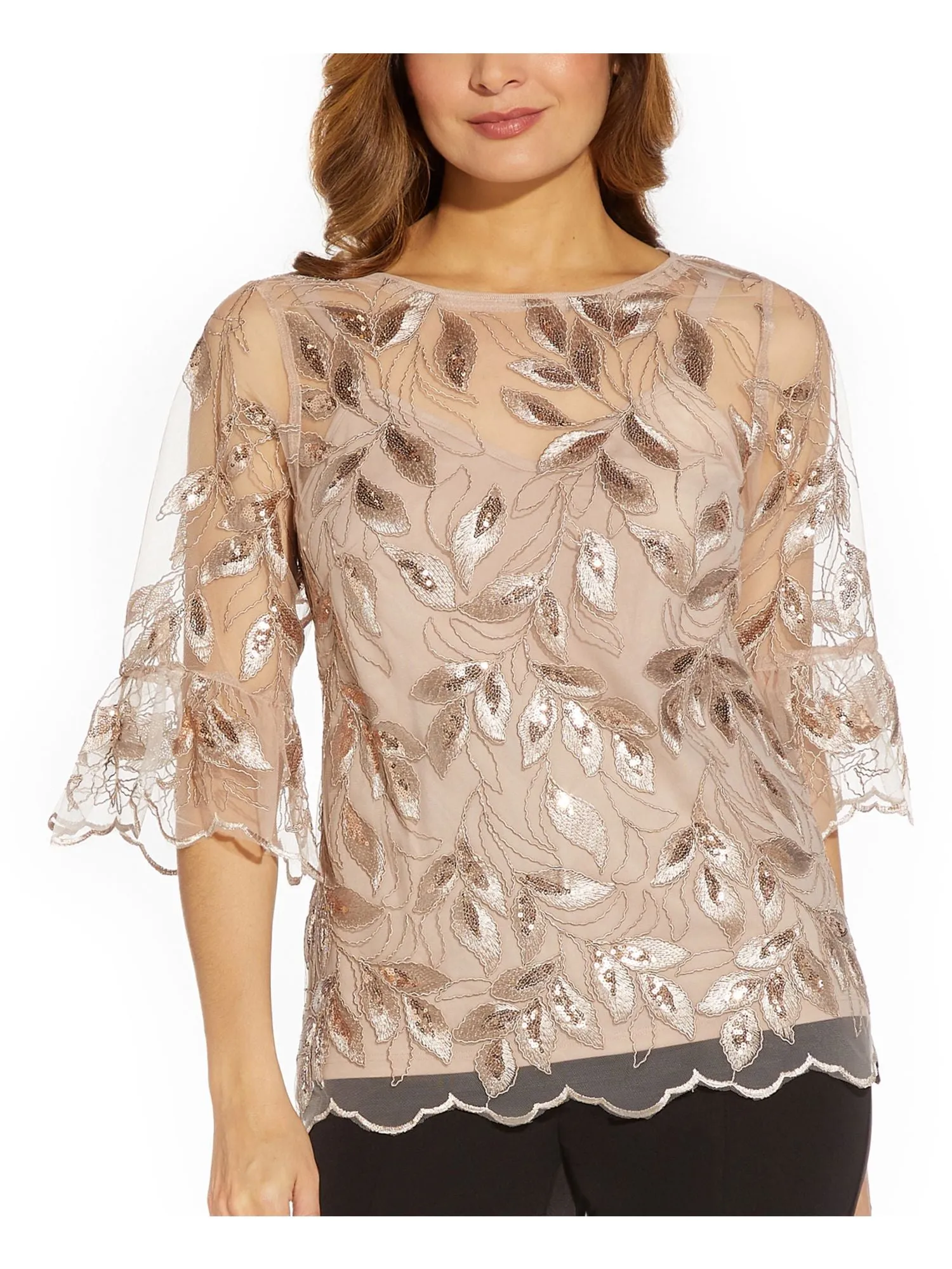 ADRIANNA PAPELL Womens Embellished Bell Sleeve Boat Neck Evening Top