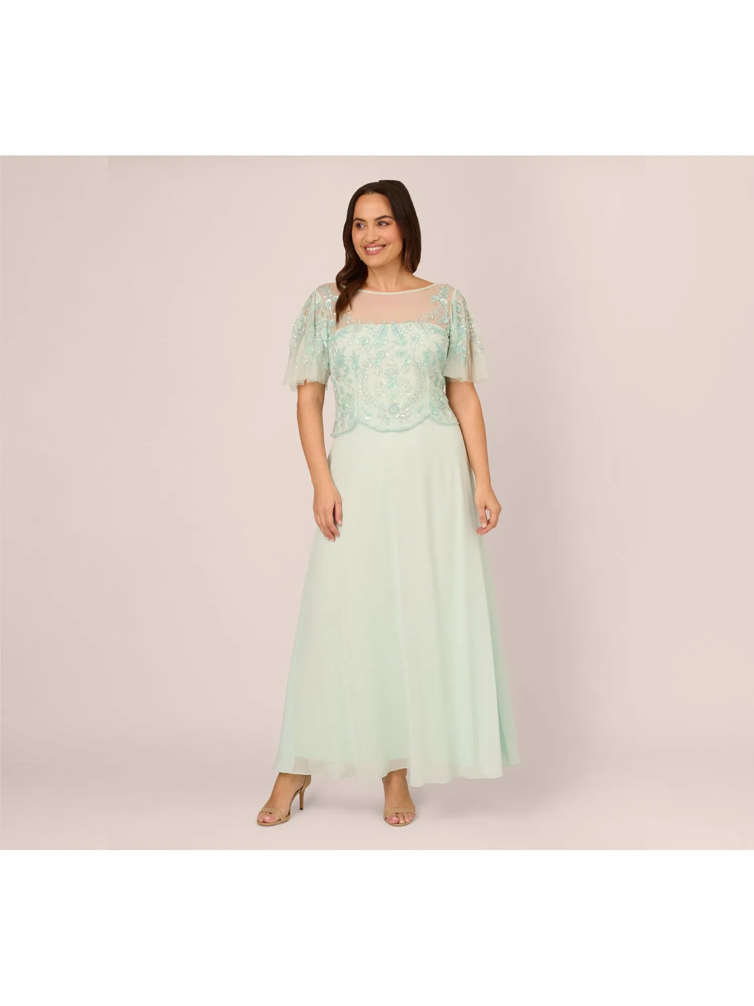 ADRIANNA PAPELL Womens Green Embellished Scalloped V-back Zippered Lined Flutter Sleeve Boat Neck Maxi Party Gown Dress