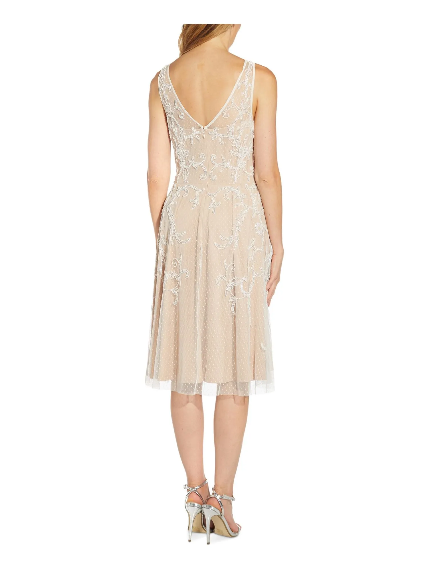 ADRIANNA PAPELL Womens Ivory Beaded Zippered Lined Sleeveless V Neck Below The Knee Party Sheath Dress