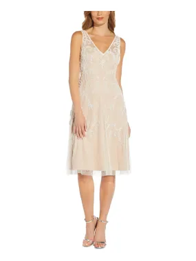 ADRIANNA PAPELL Womens Ivory Beaded Zippered Lined Sleeveless V Neck Below The Knee Party Sheath Dress