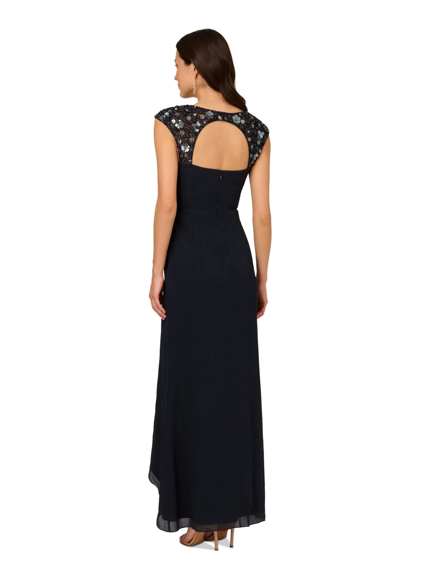 ADRIANNA PAPELL Womens Navy Embellished Zippered Cut Out Back Faux-wrap Lined Cap Sleeve Surplice Neckline Full-Length Party Mermaid Dress