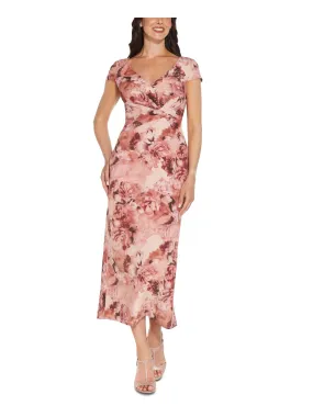 ADRIANNA PAPELL Womens Pink Stretch Metallic Zippered Pleated Waist Ribbed Floral Short Sleeve V Neck Maxi Party Sheath Dress