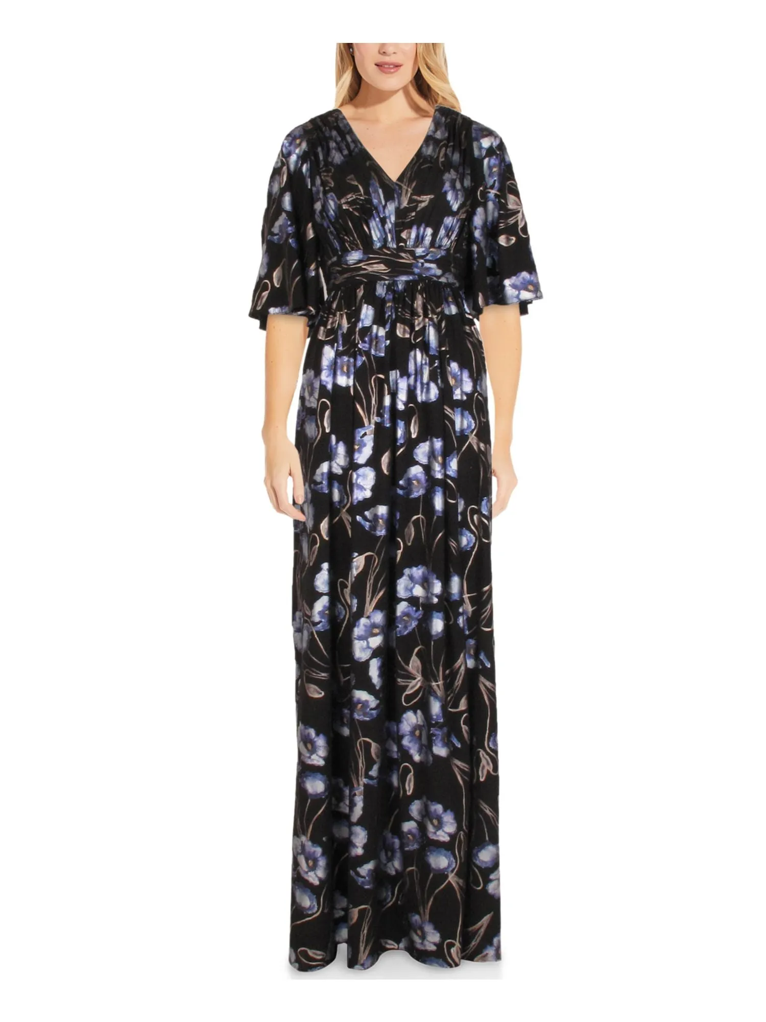 ADRIANNA PAPELL Womens Pleated Floral Kimono Sleeve V Neck Full-Length Evening Gown Dress