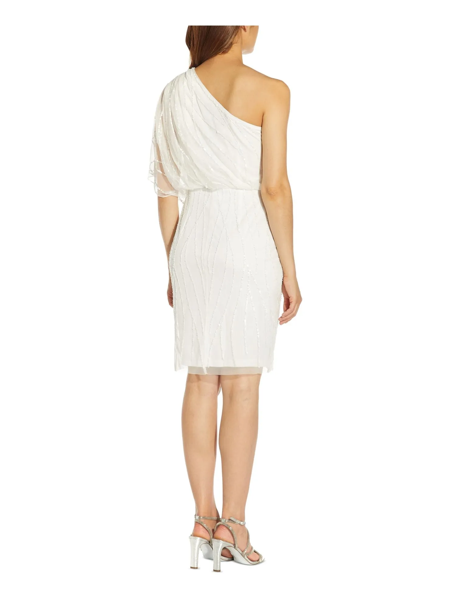 ADRIANNA PAPELL Womens Sequined Short Sleeve Asymmetrical Neckline Above The Knee Cocktail Blouson Dress