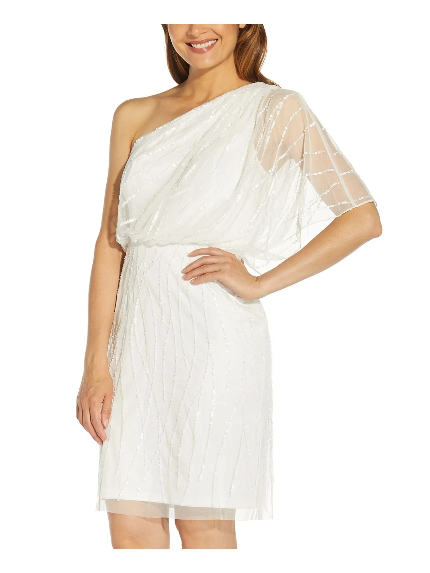 ADRIANNA PAPELL Womens Sequined Short Sleeve Asymmetrical Neckline Above The Knee Cocktail Blouson Dress