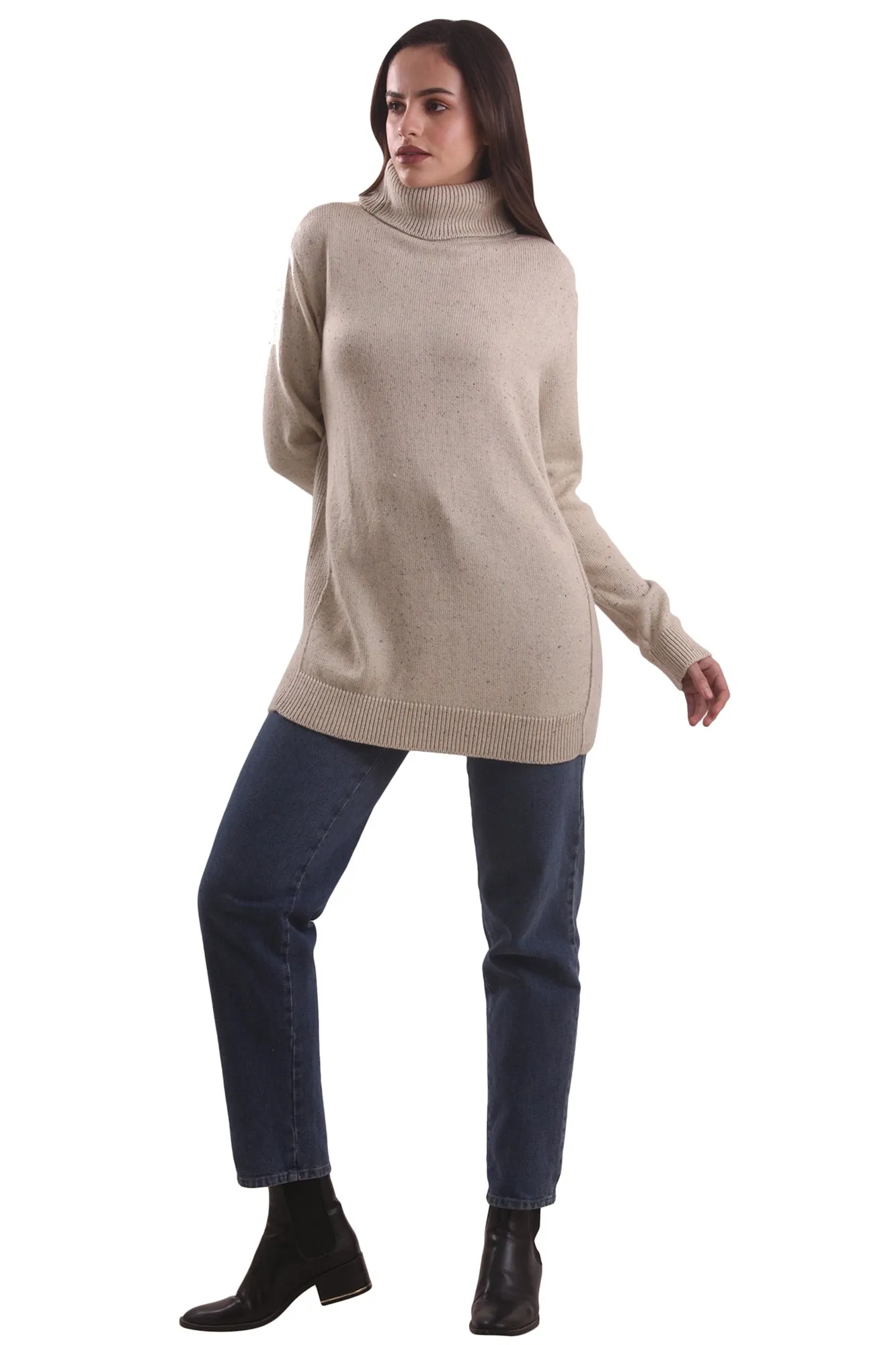 Beige Turtle Neck Tunic-fit Sweater