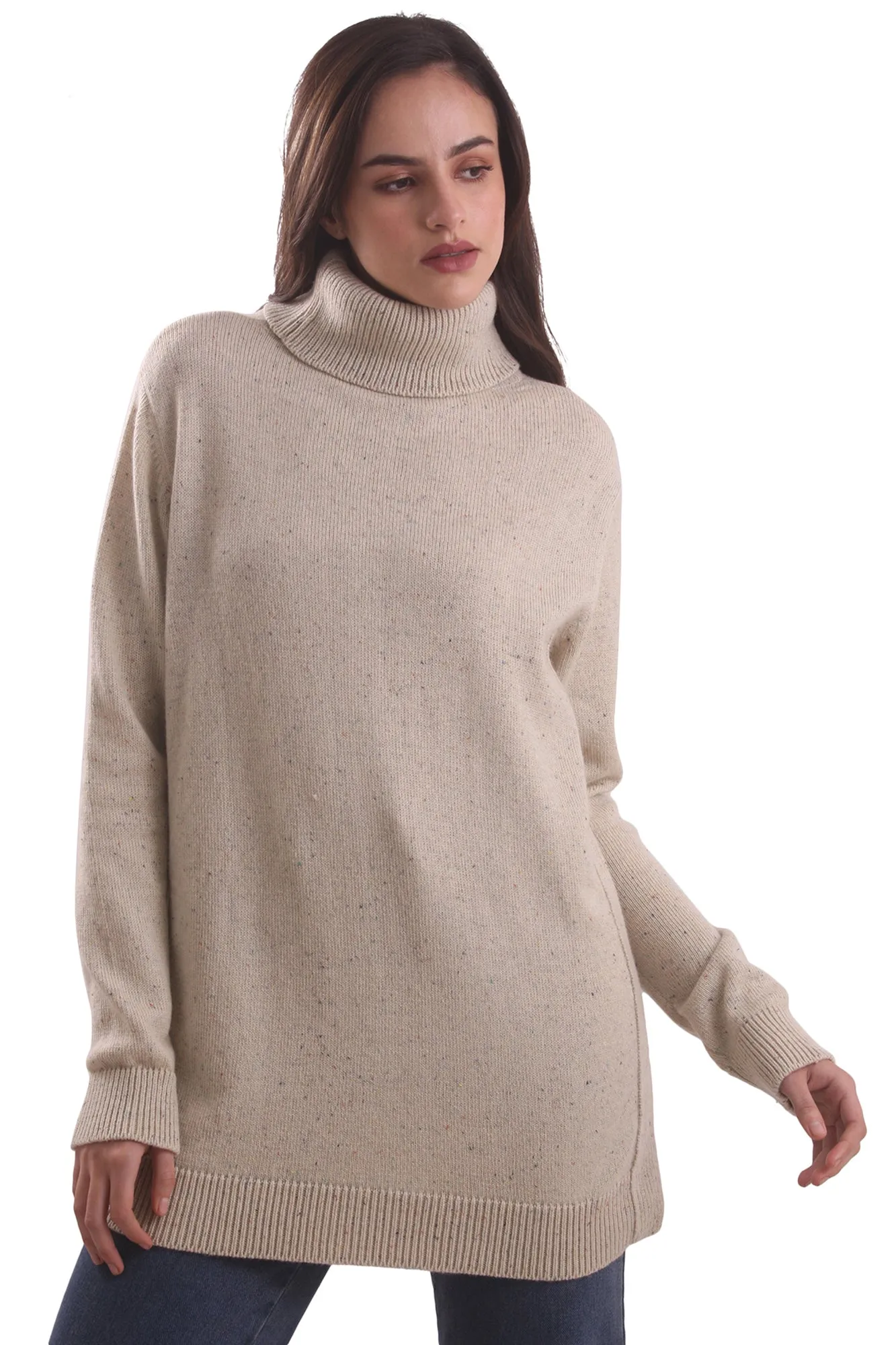 Beige Turtle Neck Tunic-fit Sweater