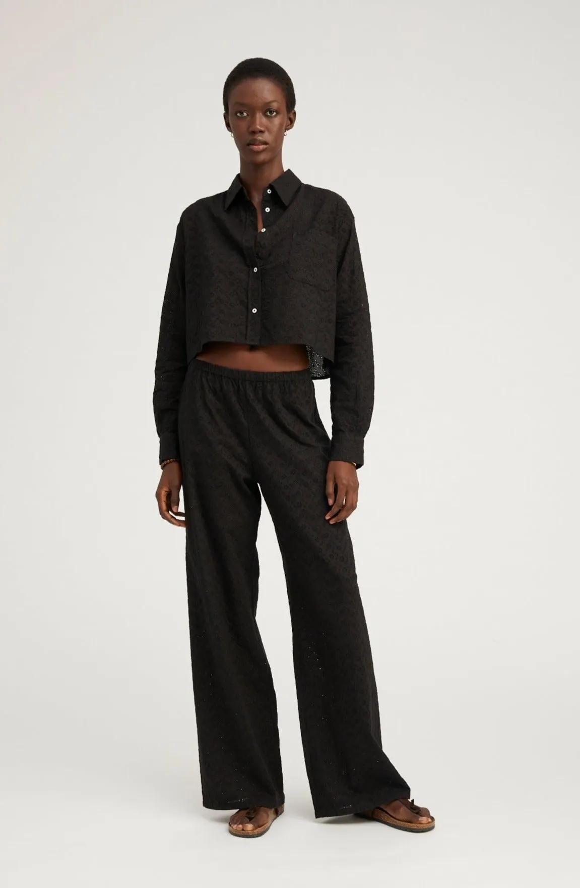 Black Eyelet Cropped Button Down