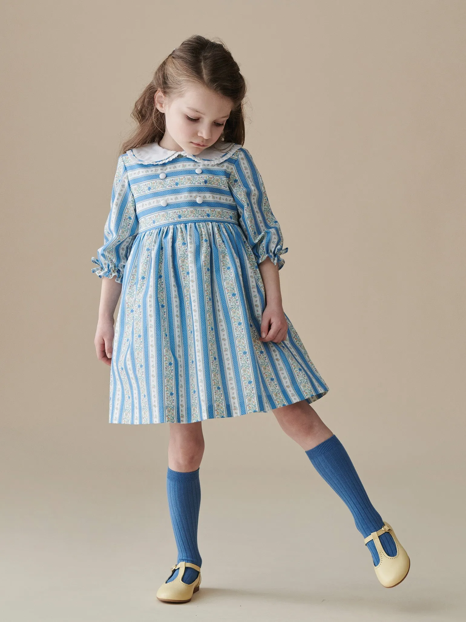 Blue Floral Stripe Provenza Girl Dress