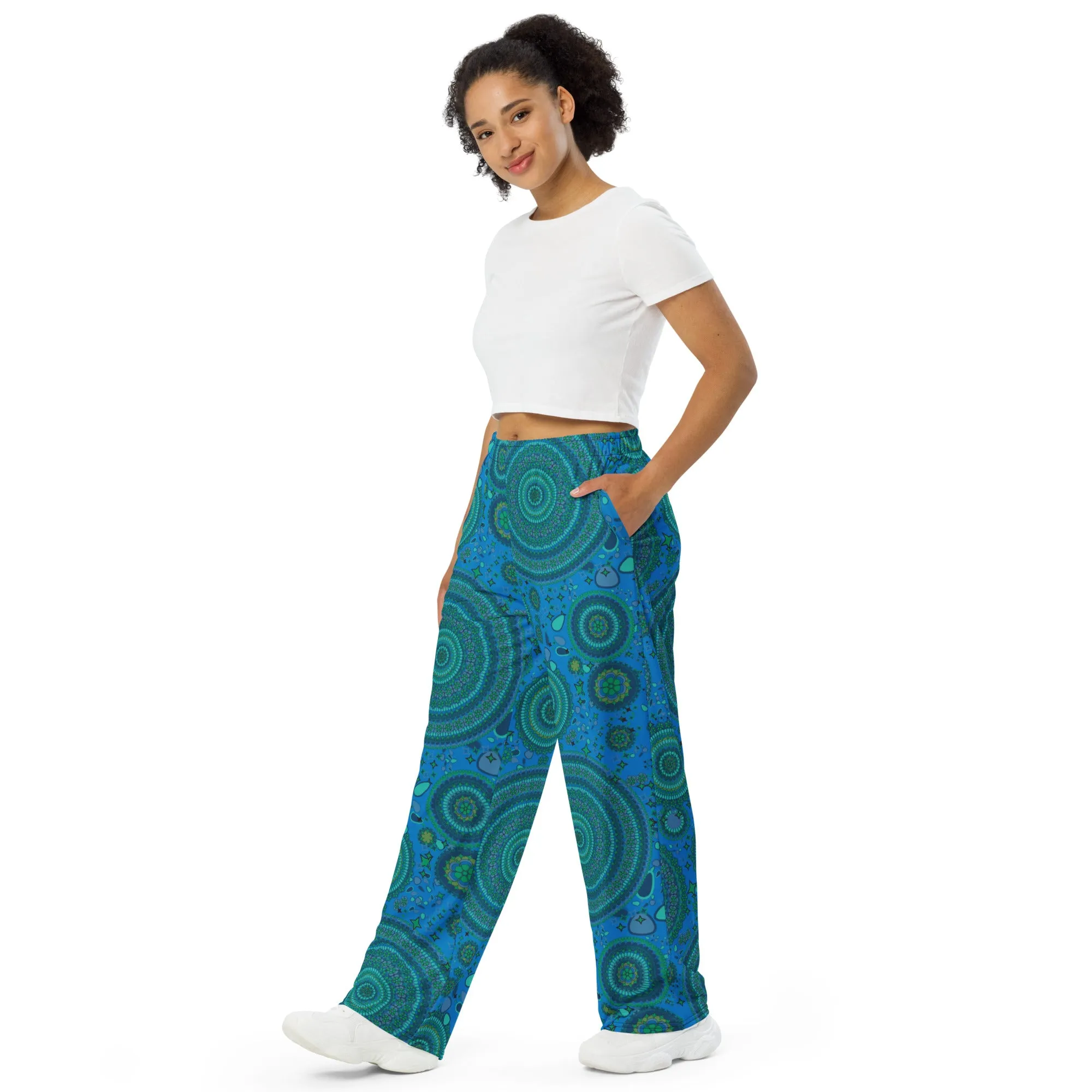 blue madalion meditation unisex wide-leg pants