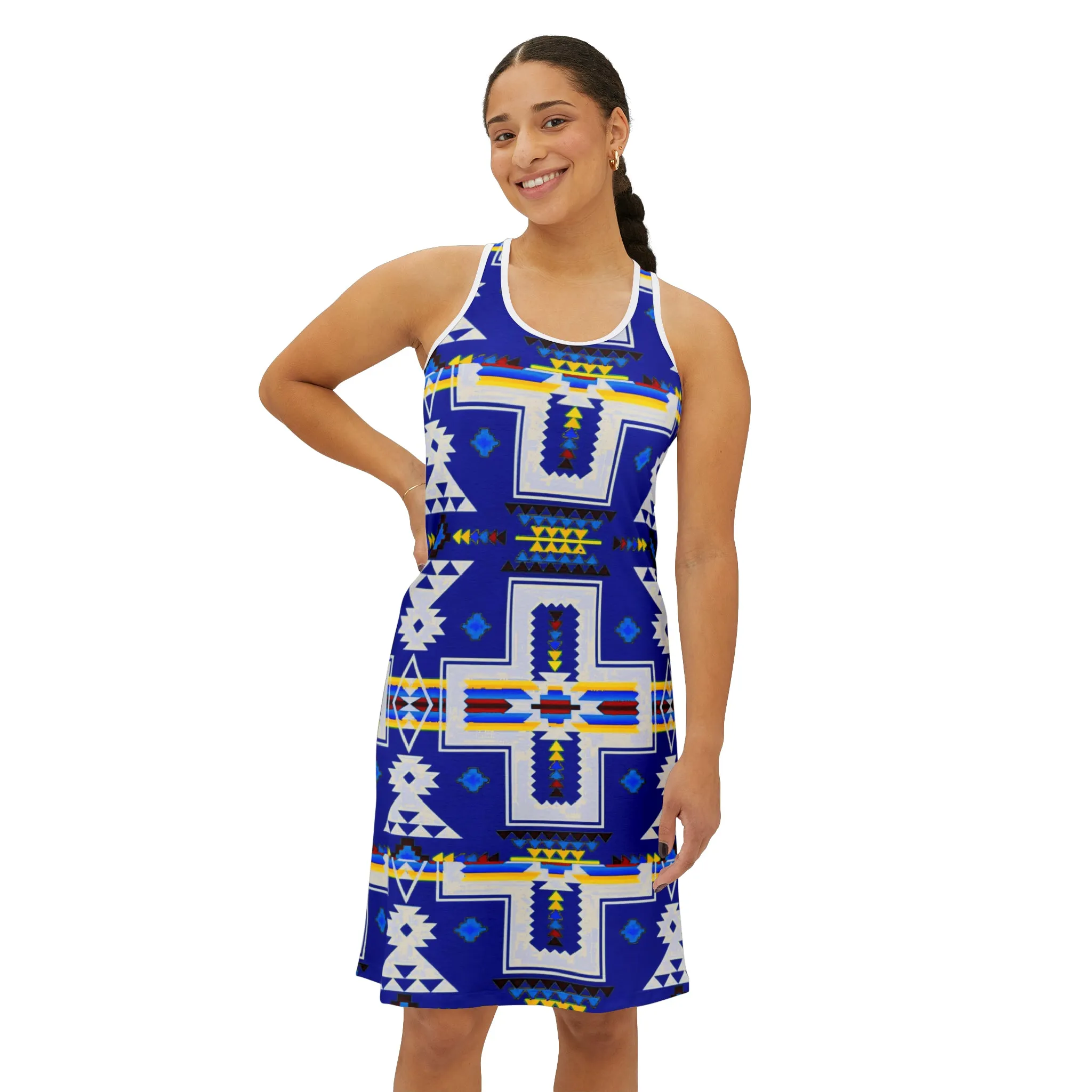 Blue native print Women's Racerback Dress (AOP)