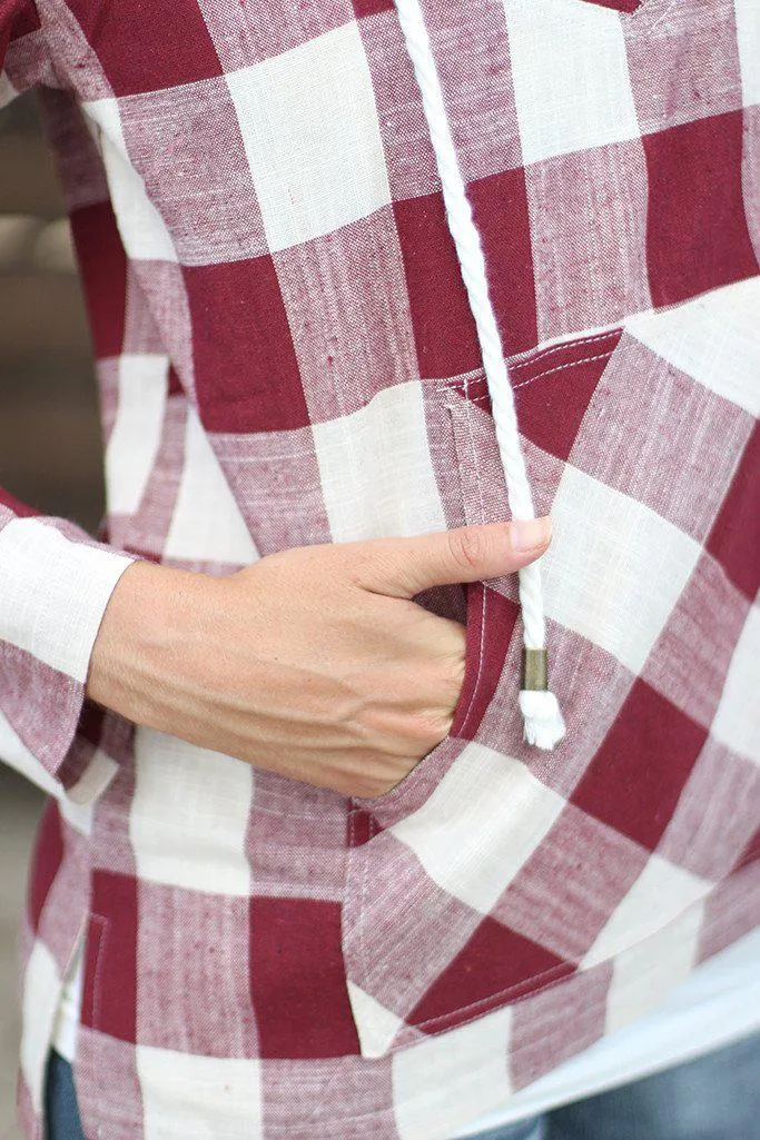 Burgundy and Ivory Plaid Hoodie With Pocket