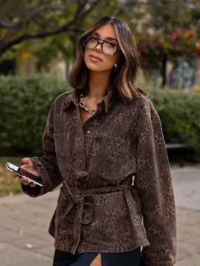 Chic Leopard Print Belt Cropped Coat Women Fashion Lapel Long Sleeve Button Pocket Short Jacket Fall New Lady Highstreet Outwear