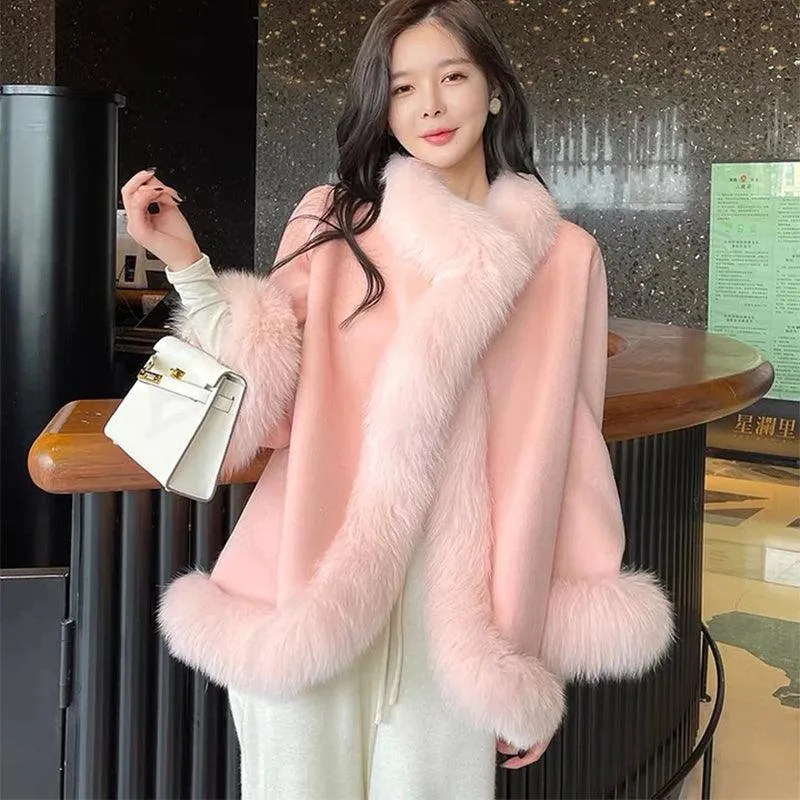 Chic White Wool Cape with Genuine Fox Fur Embellishments - Women's Fashion Outerwear