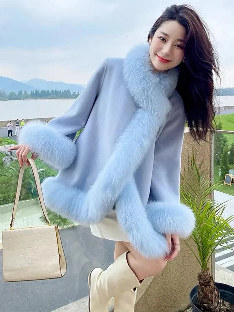 Chic White Wool Cape with Genuine Fox Fur Embellishments - Women's Fashion Outerwear