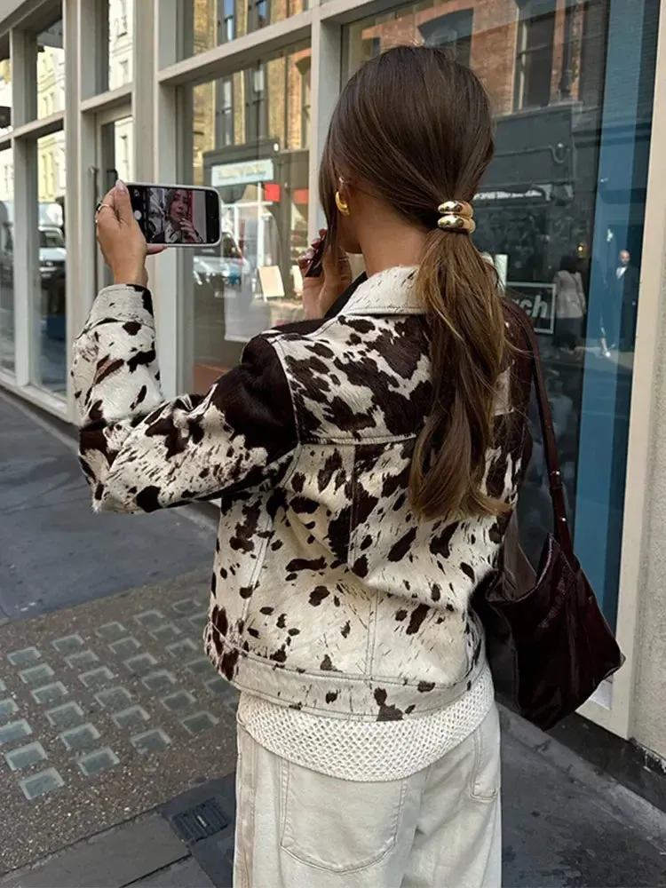 Chic Zipper Spotted Printed Short Jacket Women Casual Long Sleeve Button Pockets Coat 2024 Autumn New Lady High Street Outerwear