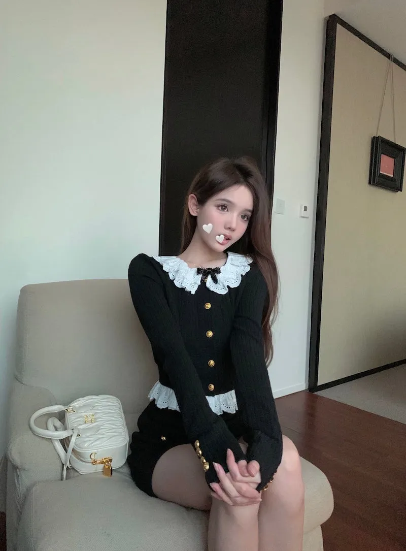 Doll Collar Classy Elegant Chic Fall Autumn Winter Bow Lace Black Knit Sweater Shirt Short Skirt Two Piece Set