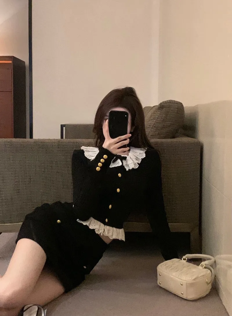 Doll Collar Classy Elegant Chic Fall Autumn Winter Bow Lace Black Knit Sweater Shirt Short Skirt Two Piece Set