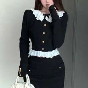 Doll Collar Classy Elegant Chic Fall Autumn Winter Bow Lace Black Knit Sweater Shirt Short Skirt Two Piece Set