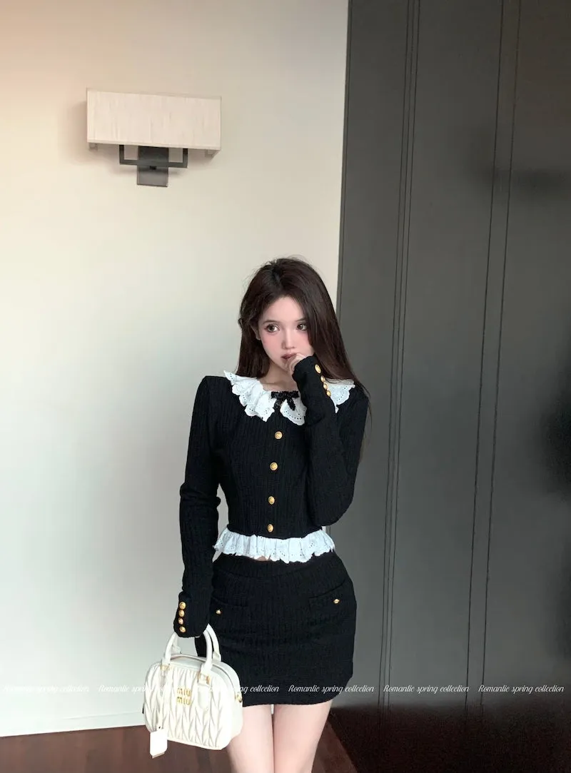 Doll Collar Classy Elegant Chic Fall Autumn Winter Bow Lace Black Knit Sweater Shirt Short Skirt Two Piece Set