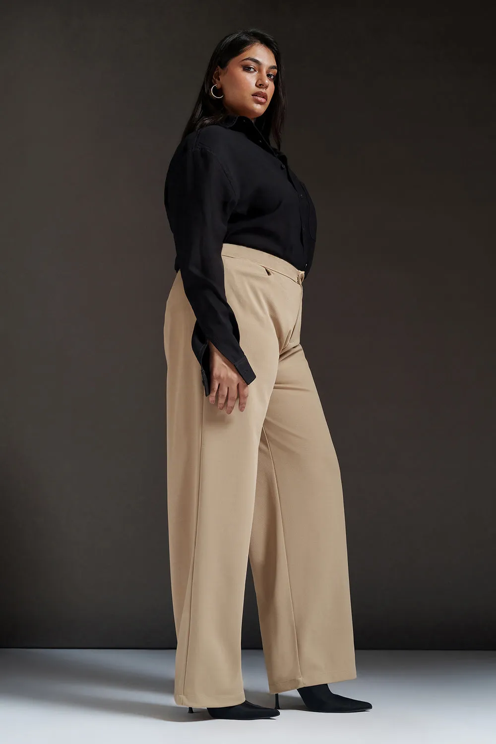 Dune Beige Curve Textured Korean Pants