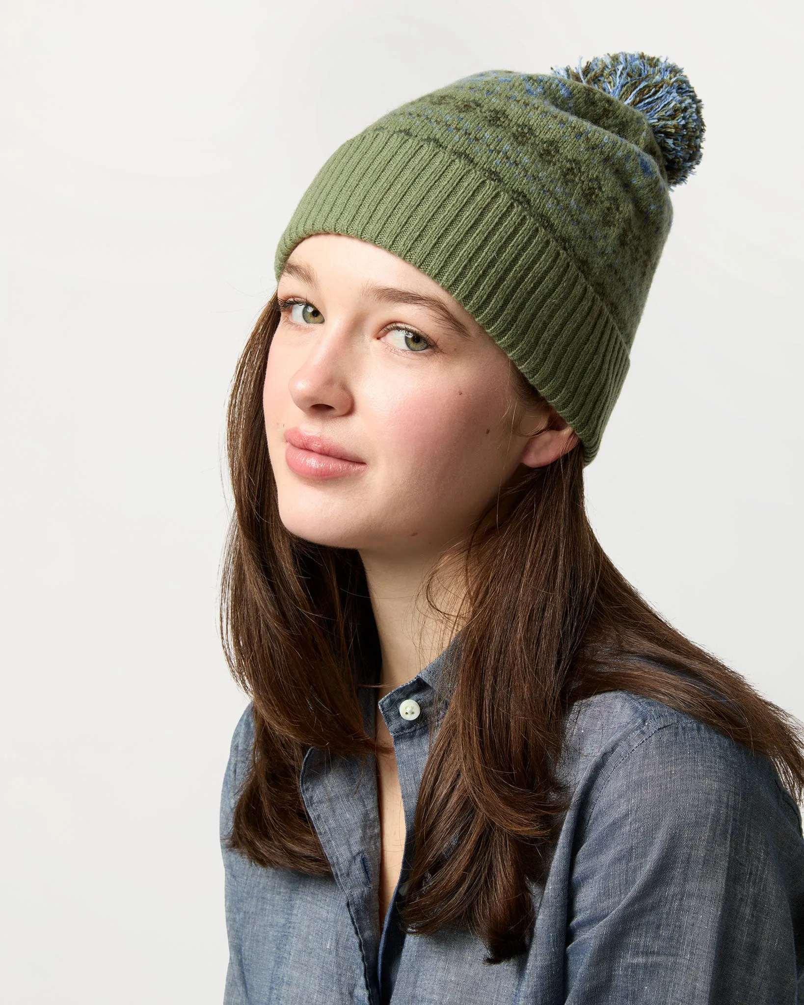 Fair Isle Beanie in Olive Multi Extra Fine Merino