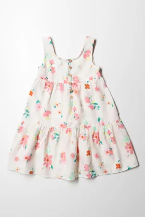 Floral Strappy Tiered Dress With Buttons White Mul