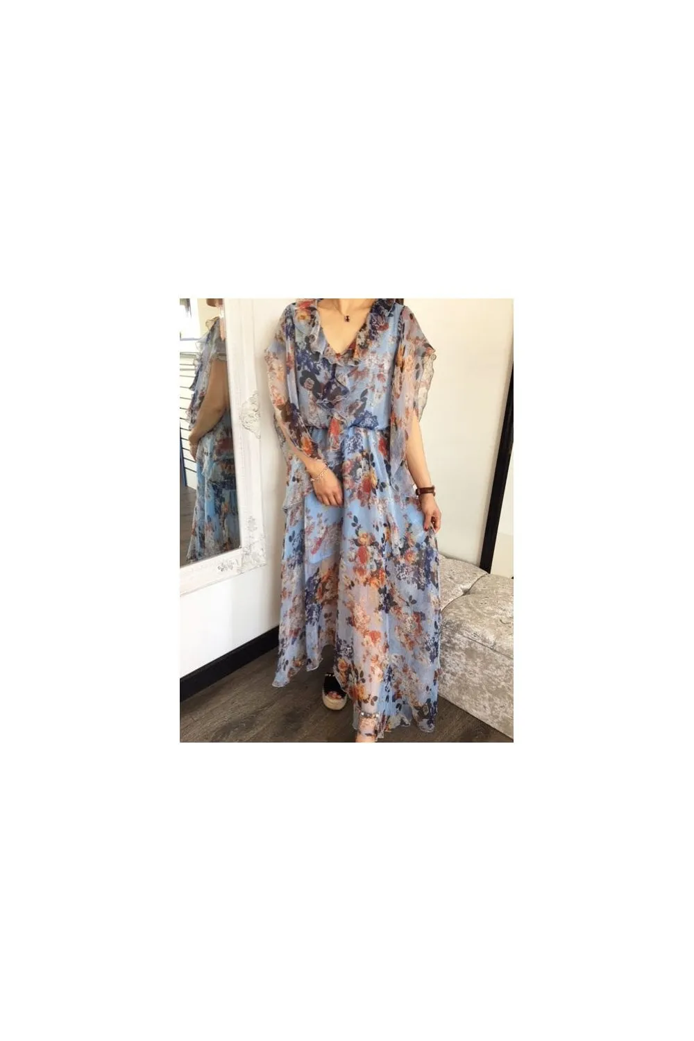 Fresh Blue Floral Summer Print Frill Floaty Dress