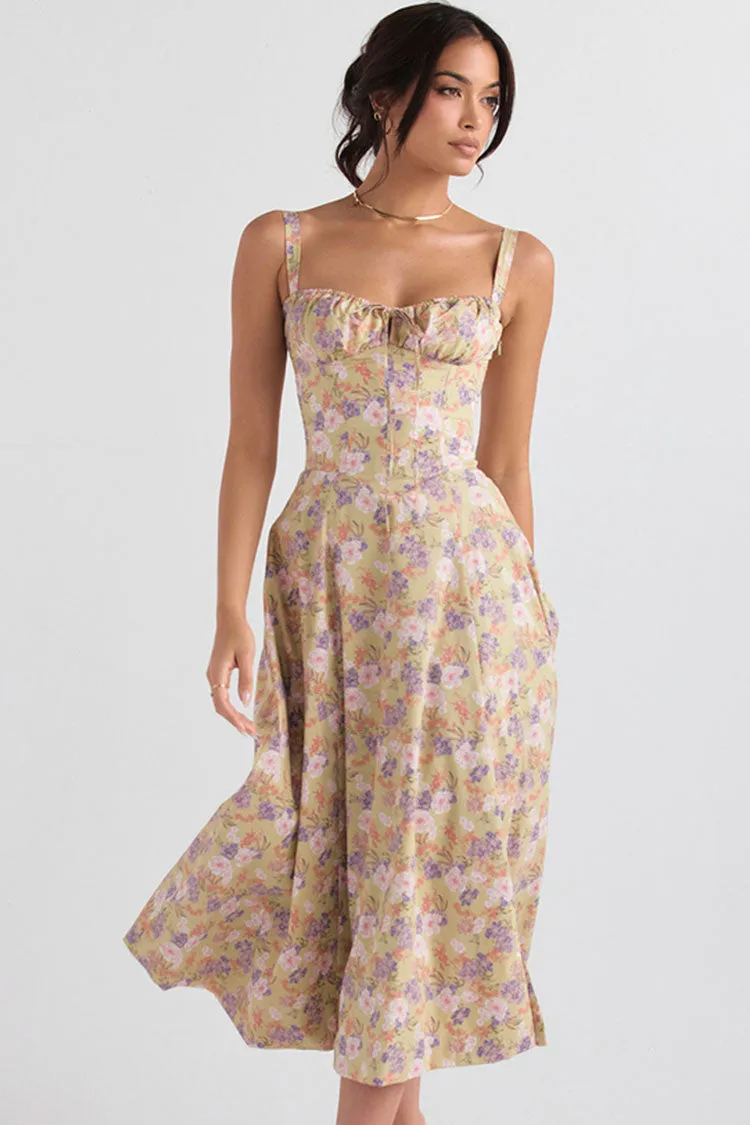 Fresh Bustier Tie Front Slit Floral Printed Midi Sundress - Purple