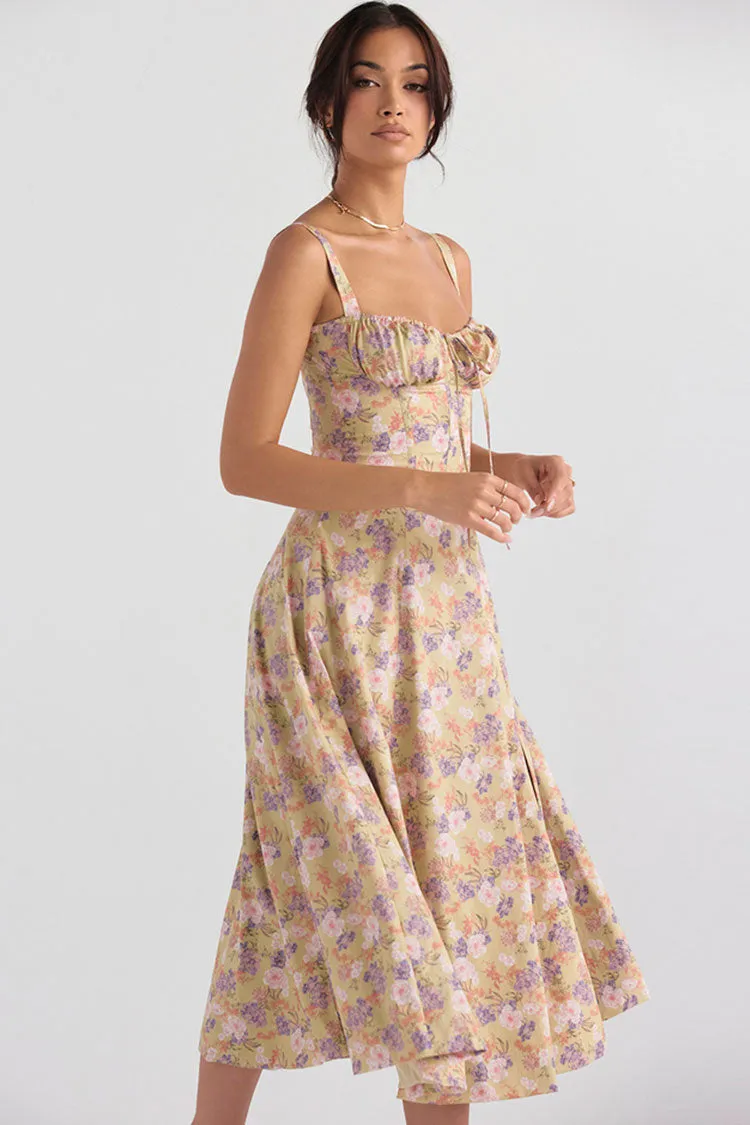 Fresh Bustier Tie Front Slit Floral Printed Midi Sundress - Purple