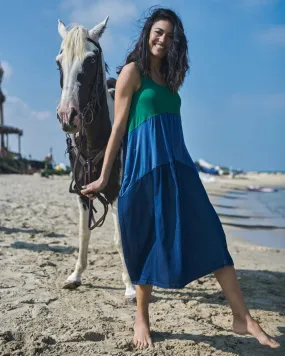 Fresh Colorblock Sleeveless Swing Dress, Ocean