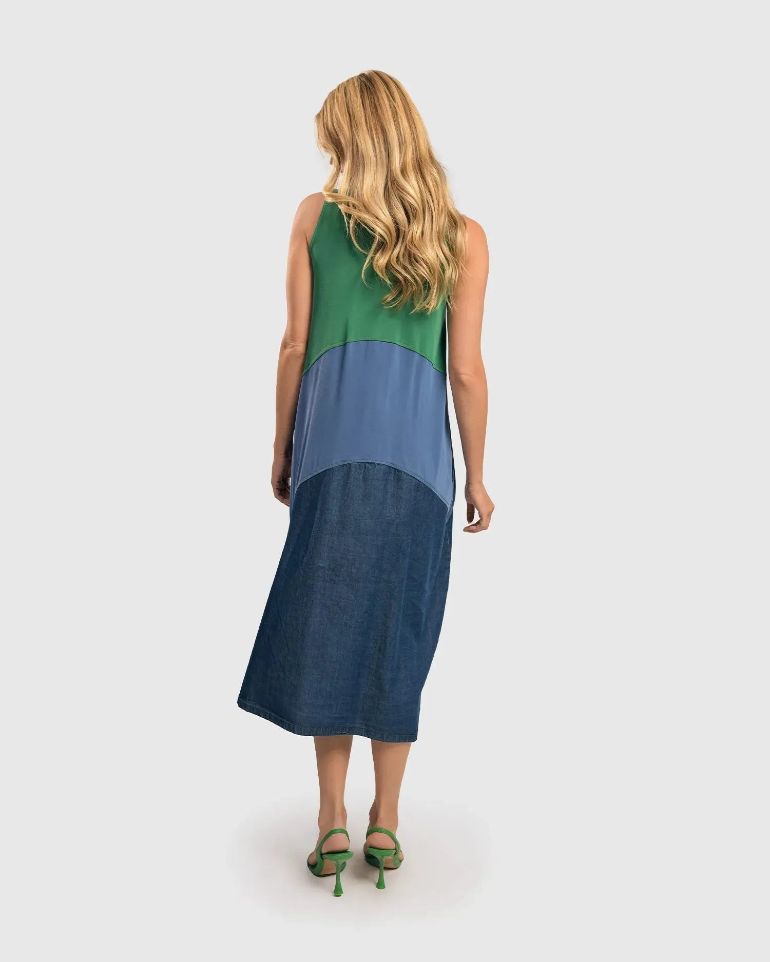 Fresh Colorblock Sleeveless Swing Dress, Ocean