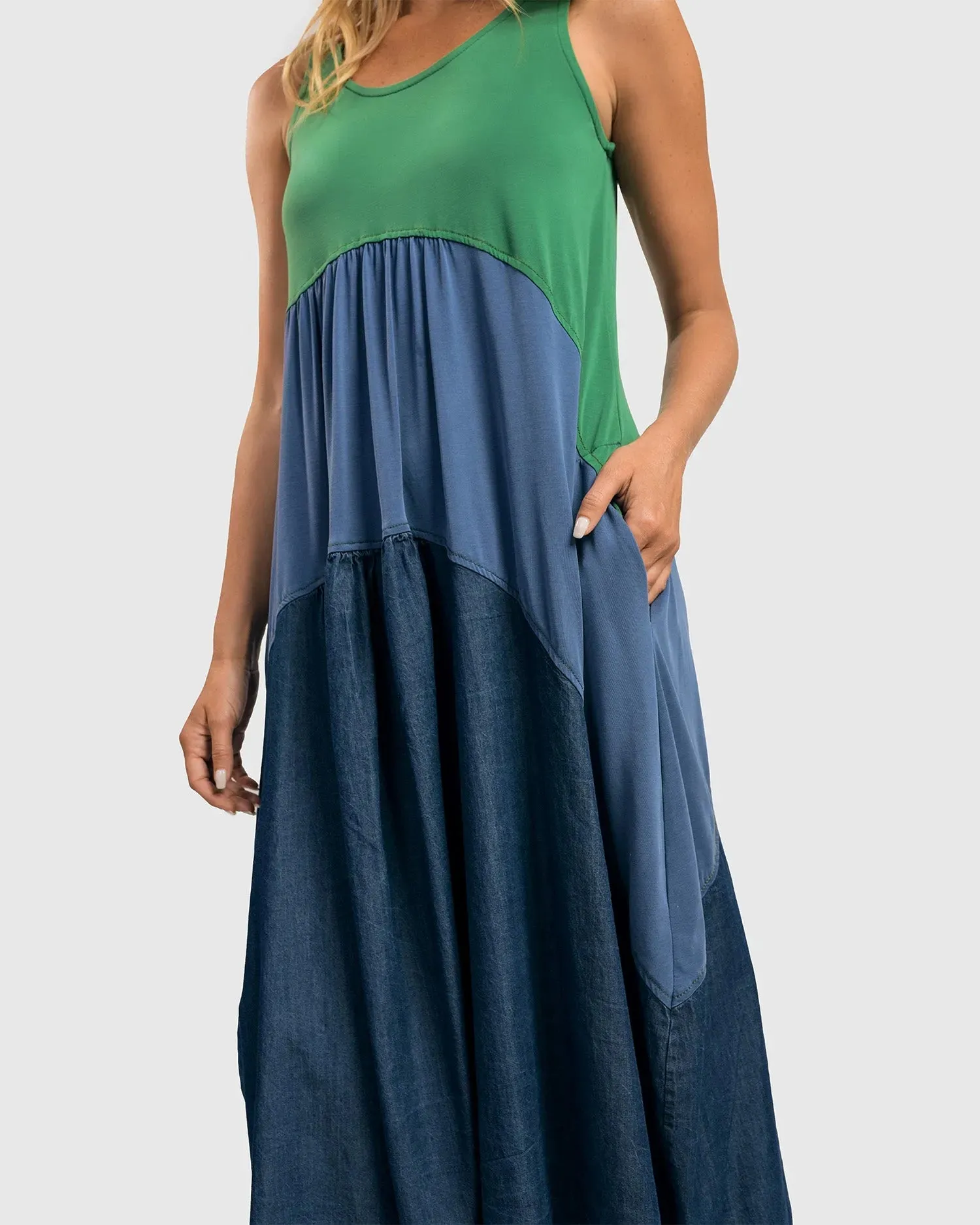 Fresh Colorblock Sleeveless Swing Dress, Ocean