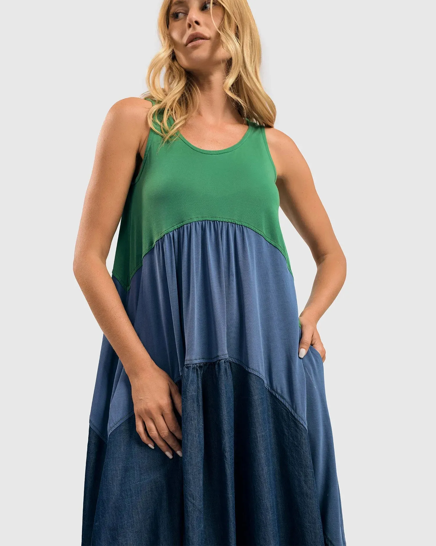 Fresh Colorblock Sleeveless Swing Dress, Ocean