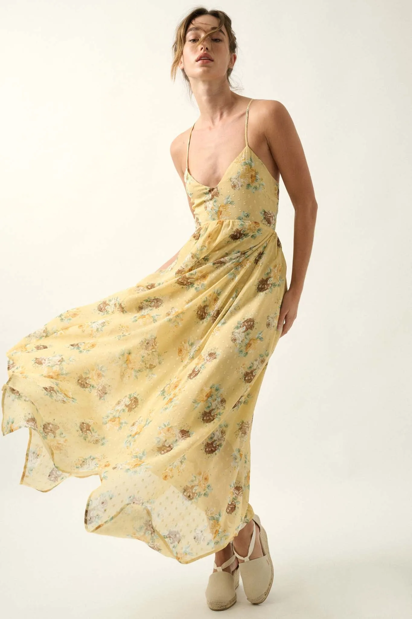 Fresh Roses Floral Swiss Dot Chiffon Maxi Dress