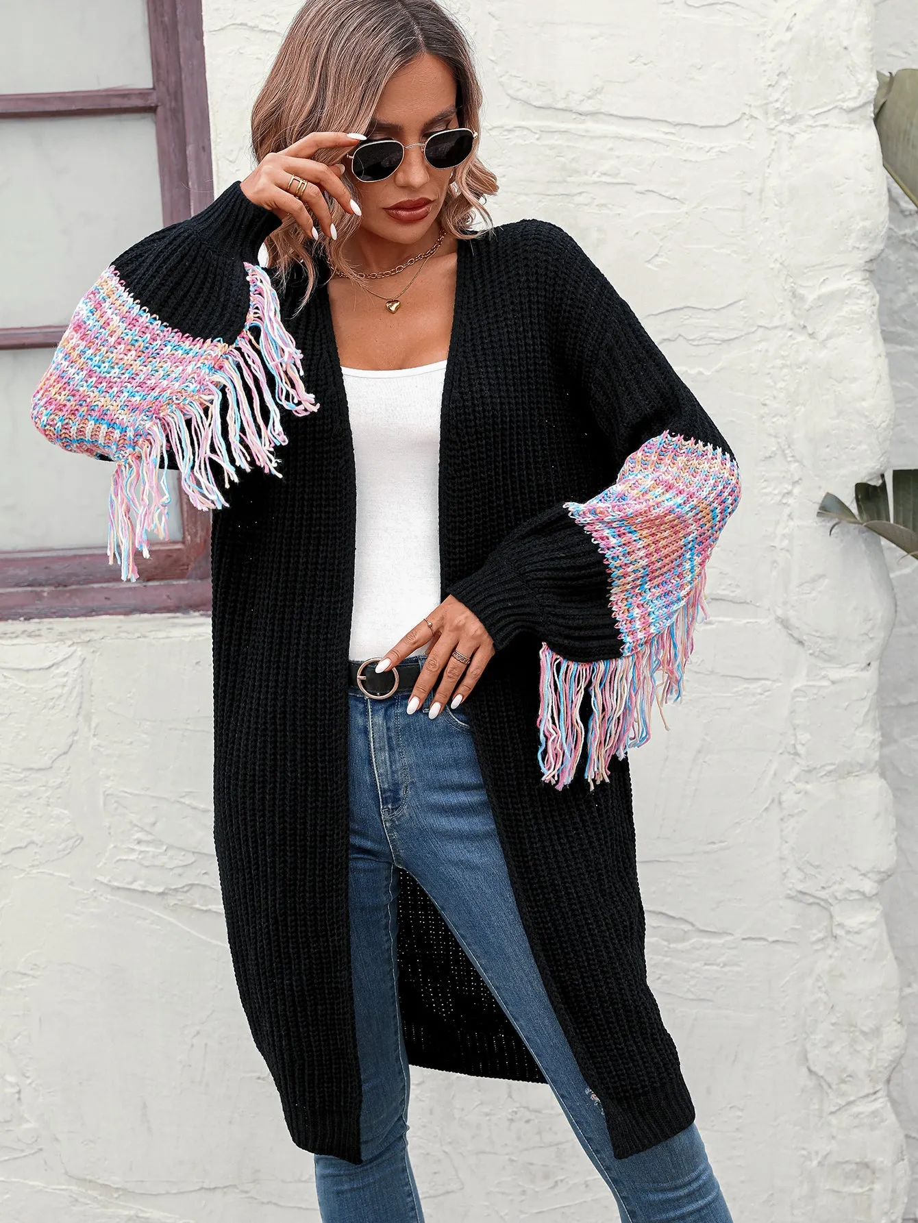 Fringed Long Sleeve Knitted Sweater