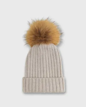 Fur Pom-Pom Beanie in Heather Stone Extra Fine Merino