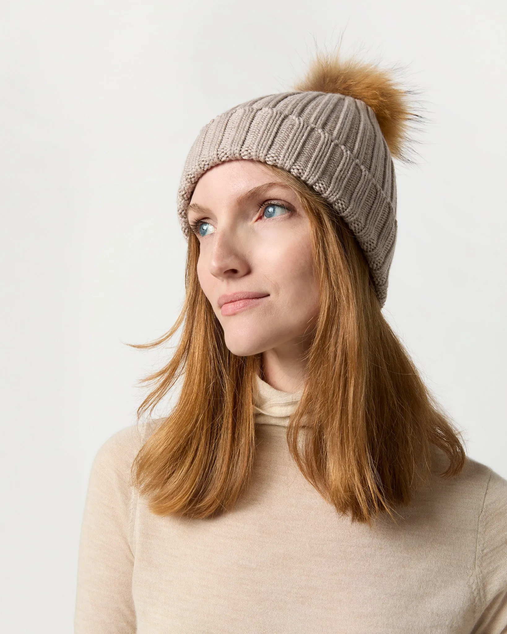 Fur Pom-Pom Beanie in Heather Stone Extra Fine Merino