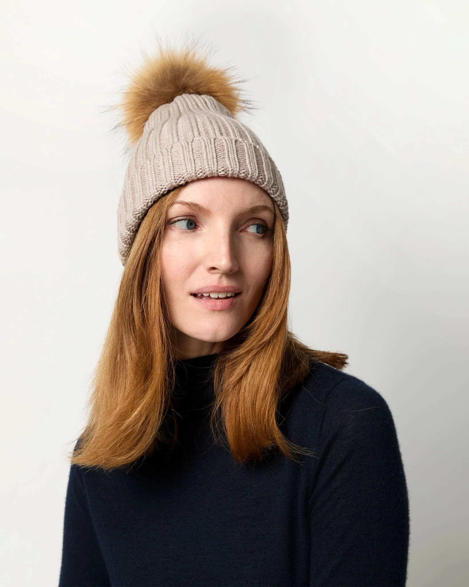 Fur Pom-Pom Beanie in Heather Stone Extra Fine Merino