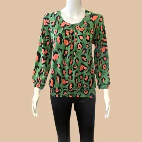 GREEN & CORAL LEOPARD PRINT ROUND NECK BAND TOP