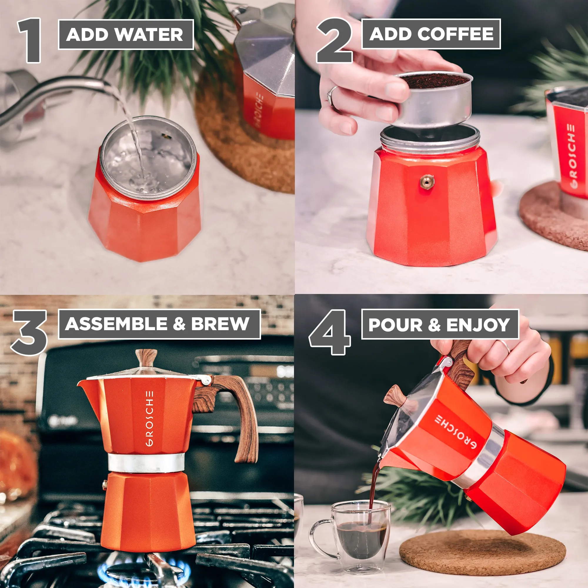 GROSCHE MILANO Stovetop Espresso Maker - Red, Available in Multiple Sizes - Pack of 4