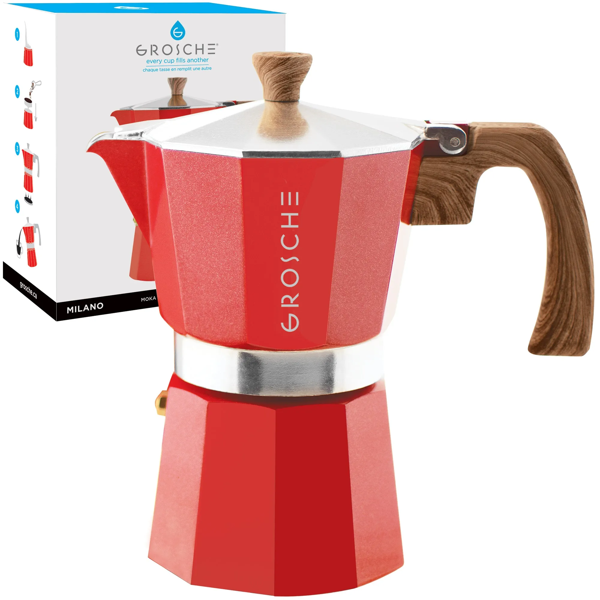 GROSCHE MILANO Stovetop Espresso Maker - Red, Available in Multiple Sizes - Pack of 4