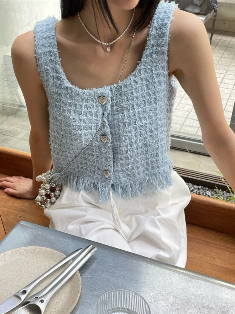 [Korean Style] 3 Color Chic Square Collared  Tweed Cami