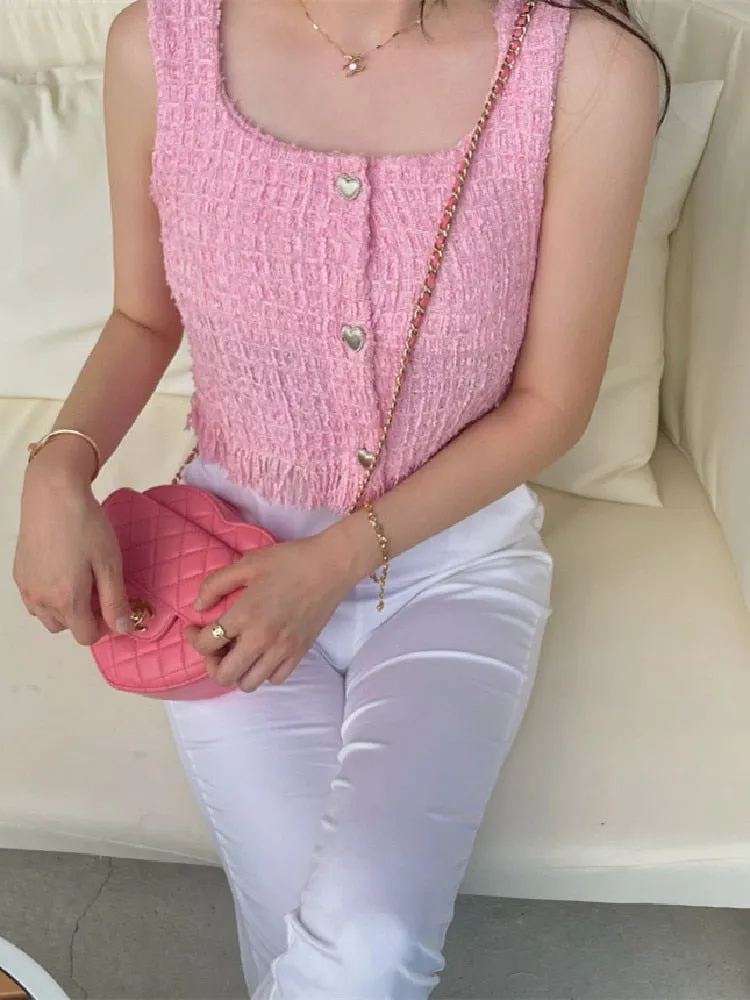 [Korean Style] 3 Color Chic Square Collared  Tweed Cami