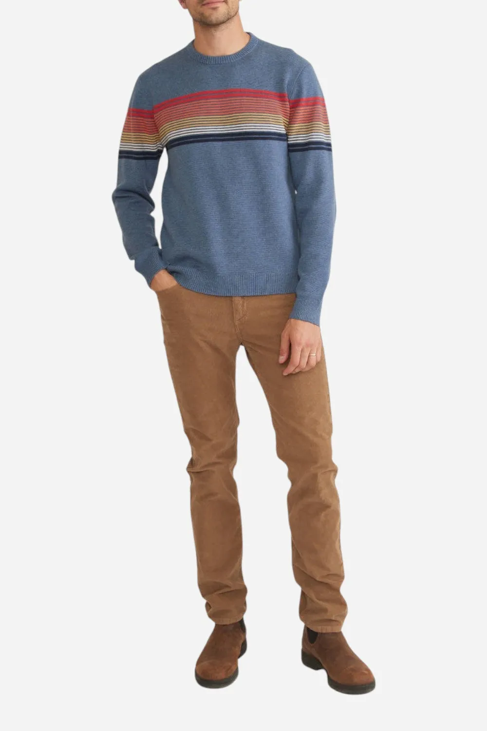 Marine Layer Archive Thompson Stripe Sweater in China Blue Rainbow Stripe