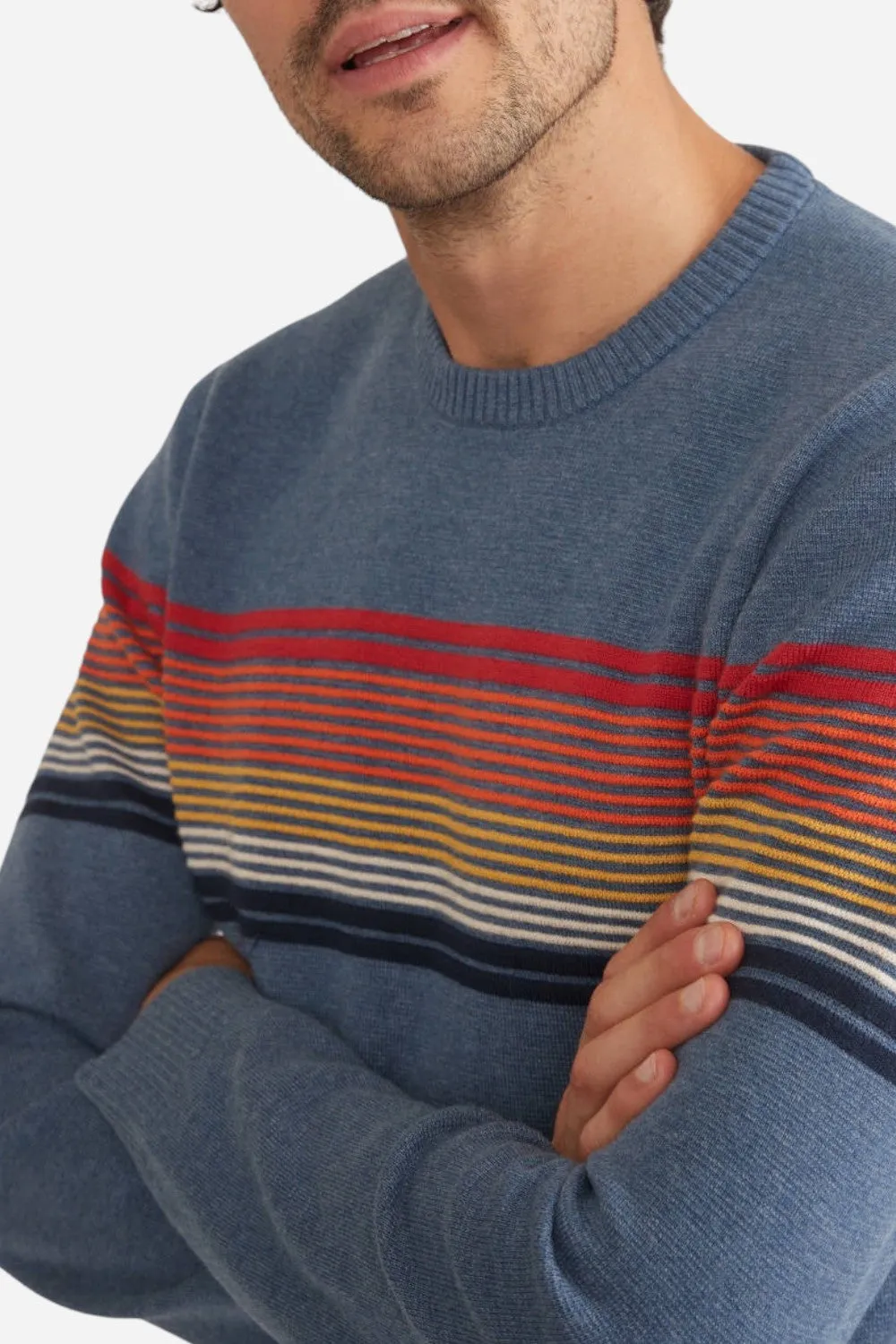 Marine Layer Archive Thompson Stripe Sweater in China Blue Rainbow Stripe